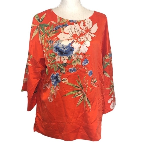 Soft Surroundings Tops - SOFT SURROUNDINGS Blouse Women's Oversized Medium Orange Blue Floral Wide Sleeve